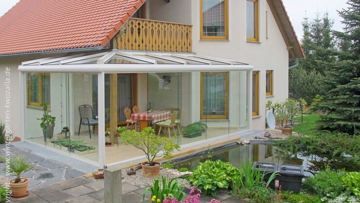 Eck-Terrassenüberdachungen mit verschiebbarer Verglasung - Terrassendach vom Fachhändler - Qualität made in Germany