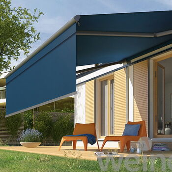 Terrassenmarkise, Balkonmarkise offen, blau - Senkrechtmarkisen, Vertikalmarkisen